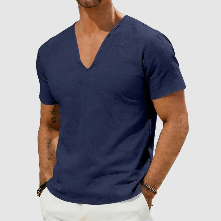 Heren Linnen V-Hals T-Shirt Relaxed Fit Korte Mouw - Dark Blue