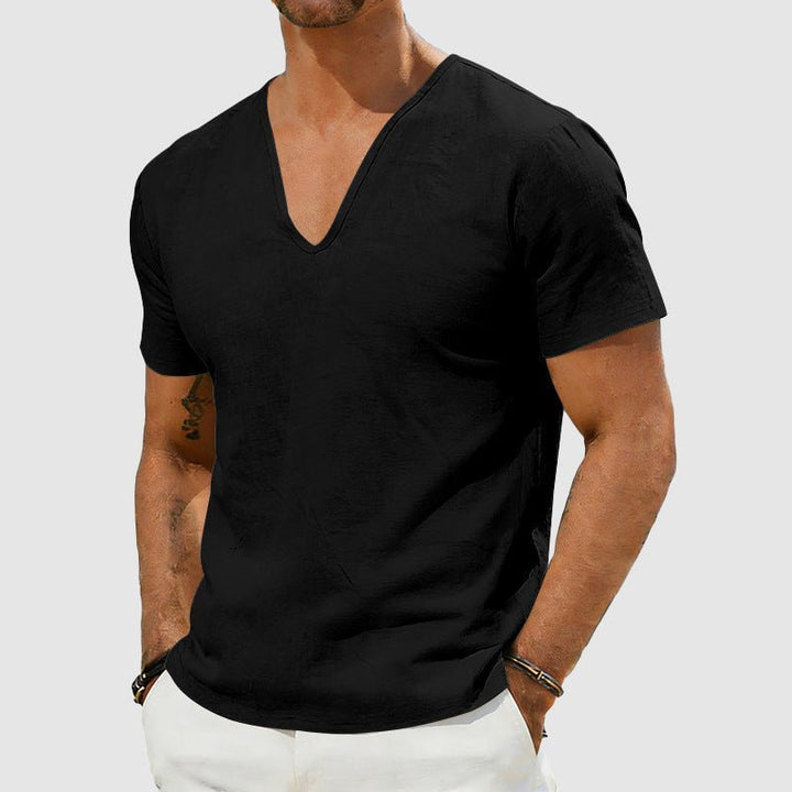 Heren Linnen V-Hals T-Shirt Relaxed Fit Korte Mouw - Black