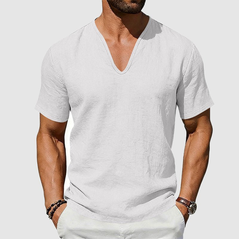 Heren Linnen V-Hals T-Shirt Relaxed Fit Korte Mouw