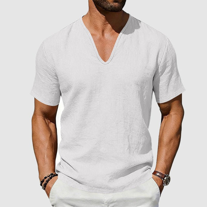 Heren Linnen V-Hals T-Shirt Relaxed Fit Korte Mouw