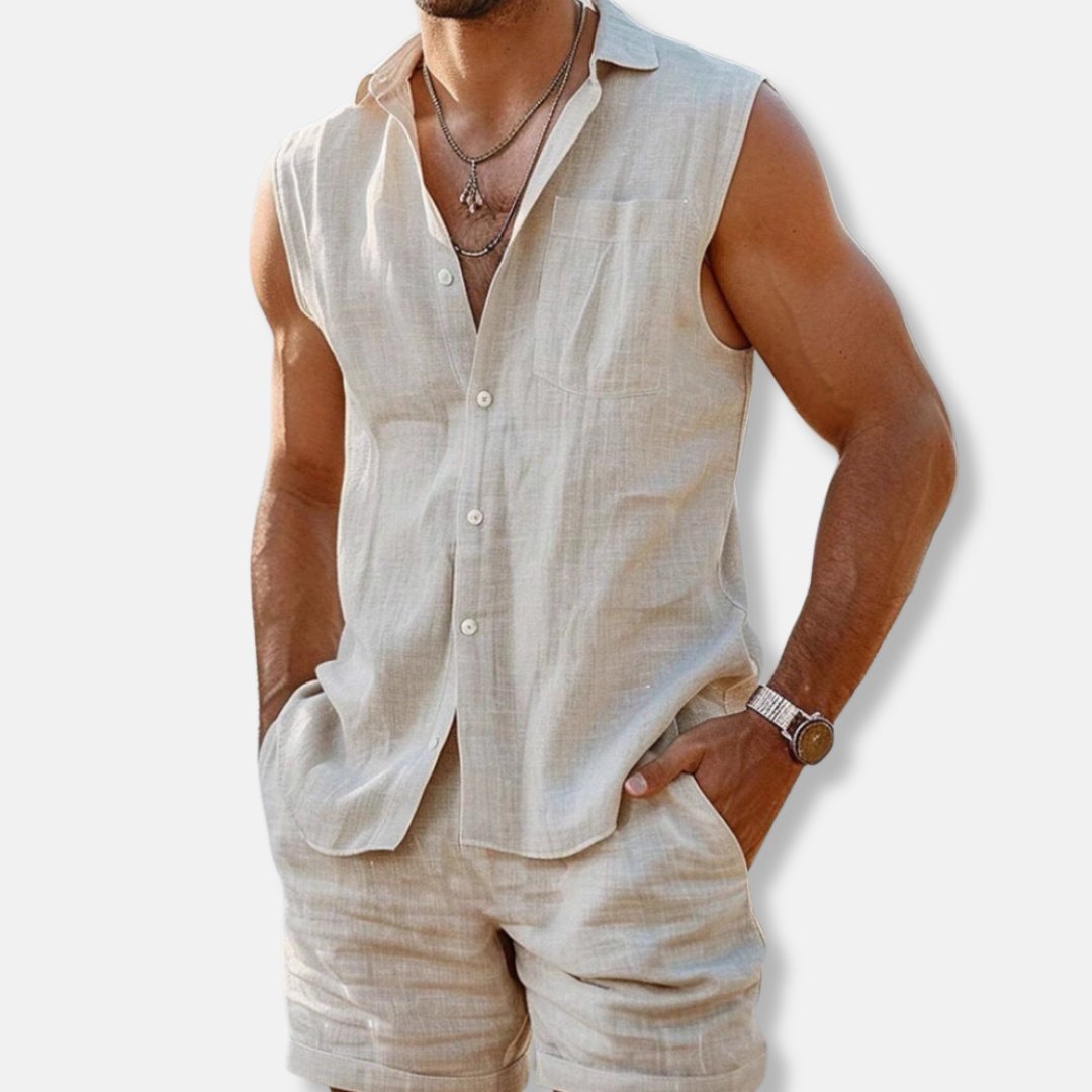 Heren Mouwloos Linnen Button-Down Shirt Shorts Set - Off Whte