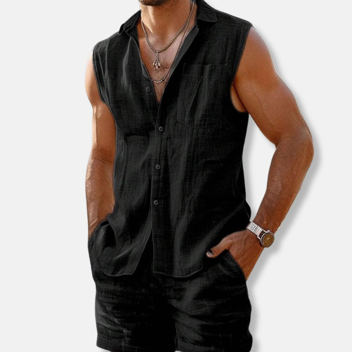 Heren Mouwloos Linnen Button-Down Shirt Shorts Set - Black