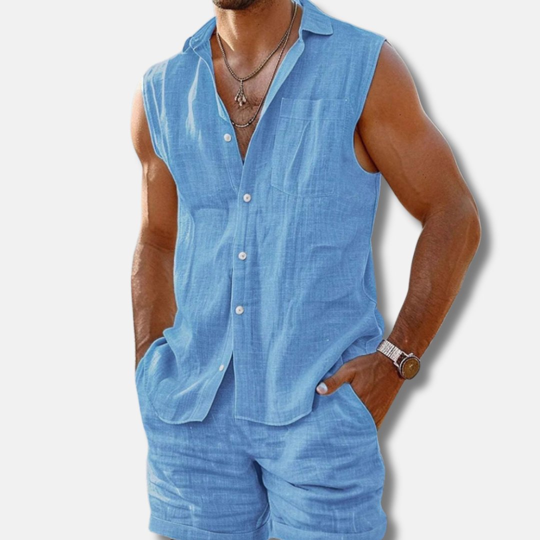 Heren Mouwloos Linnen Button-Down Shirt Shorts Set - Sky Blue