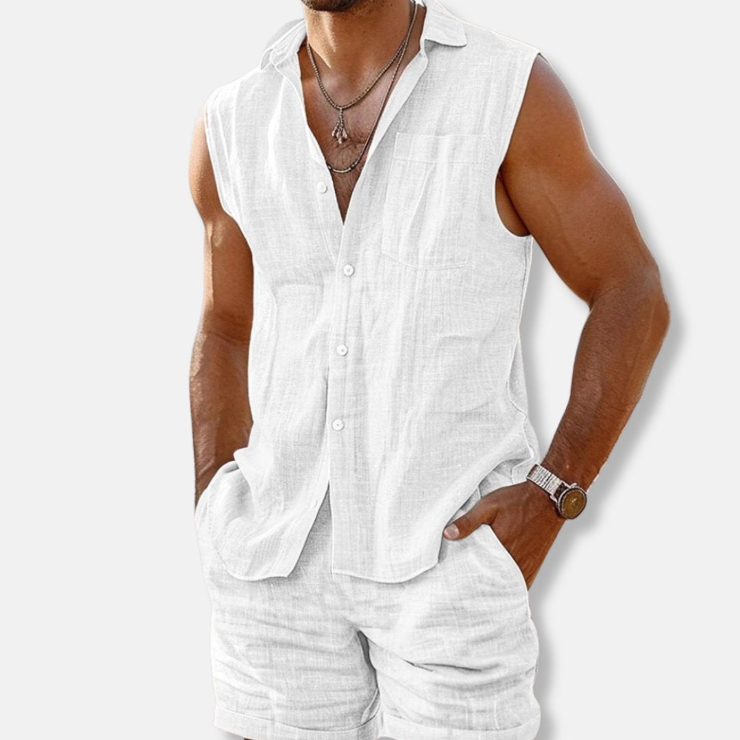 Heren Mouwloos Linnen Button-Down Shirt Shorts Set - White