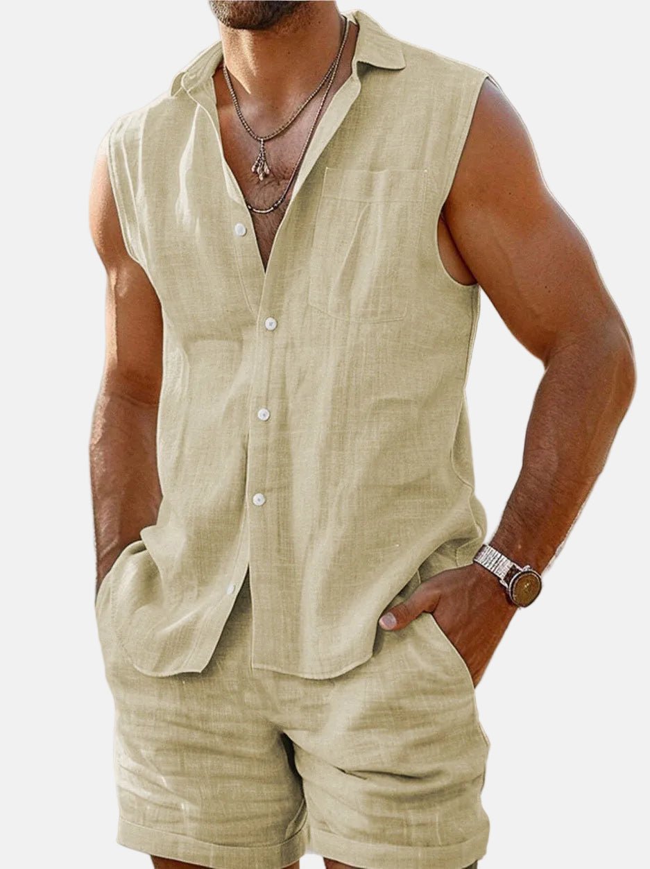 Heren Mouwloos Linnen Button-Down Shirt Shorts Set - Beige