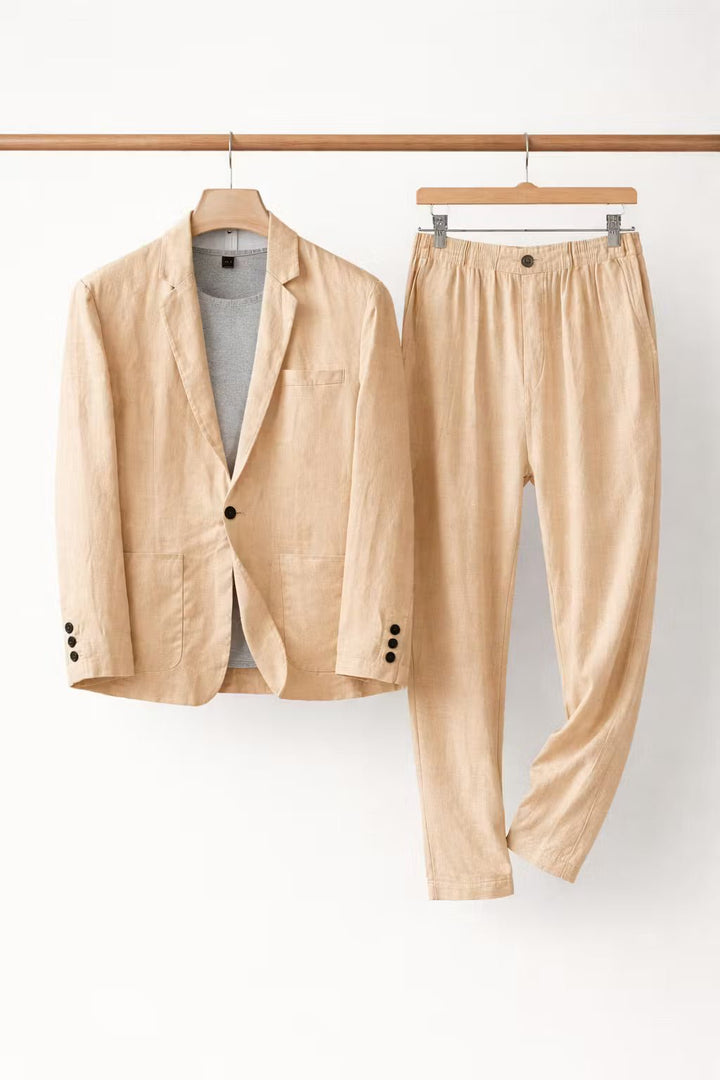 Heren Relaxed-Fit Linen Pak Set Blazer Broek - Khaki
