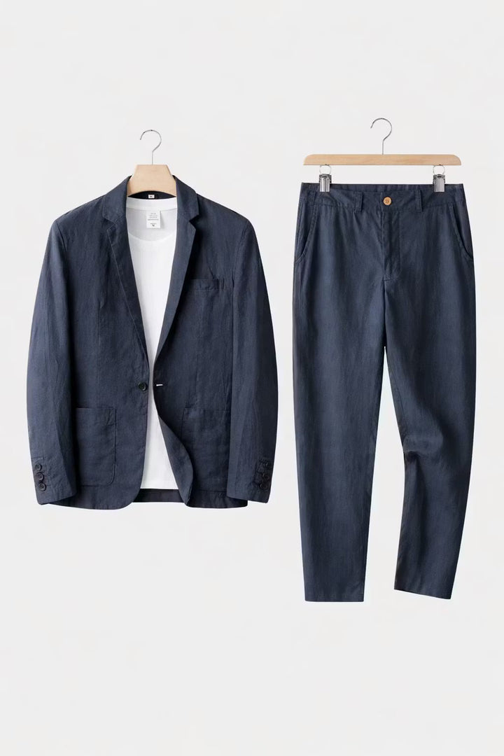 Heren Relaxed-Fit Linen Pak Set Blazer Broek - Blue