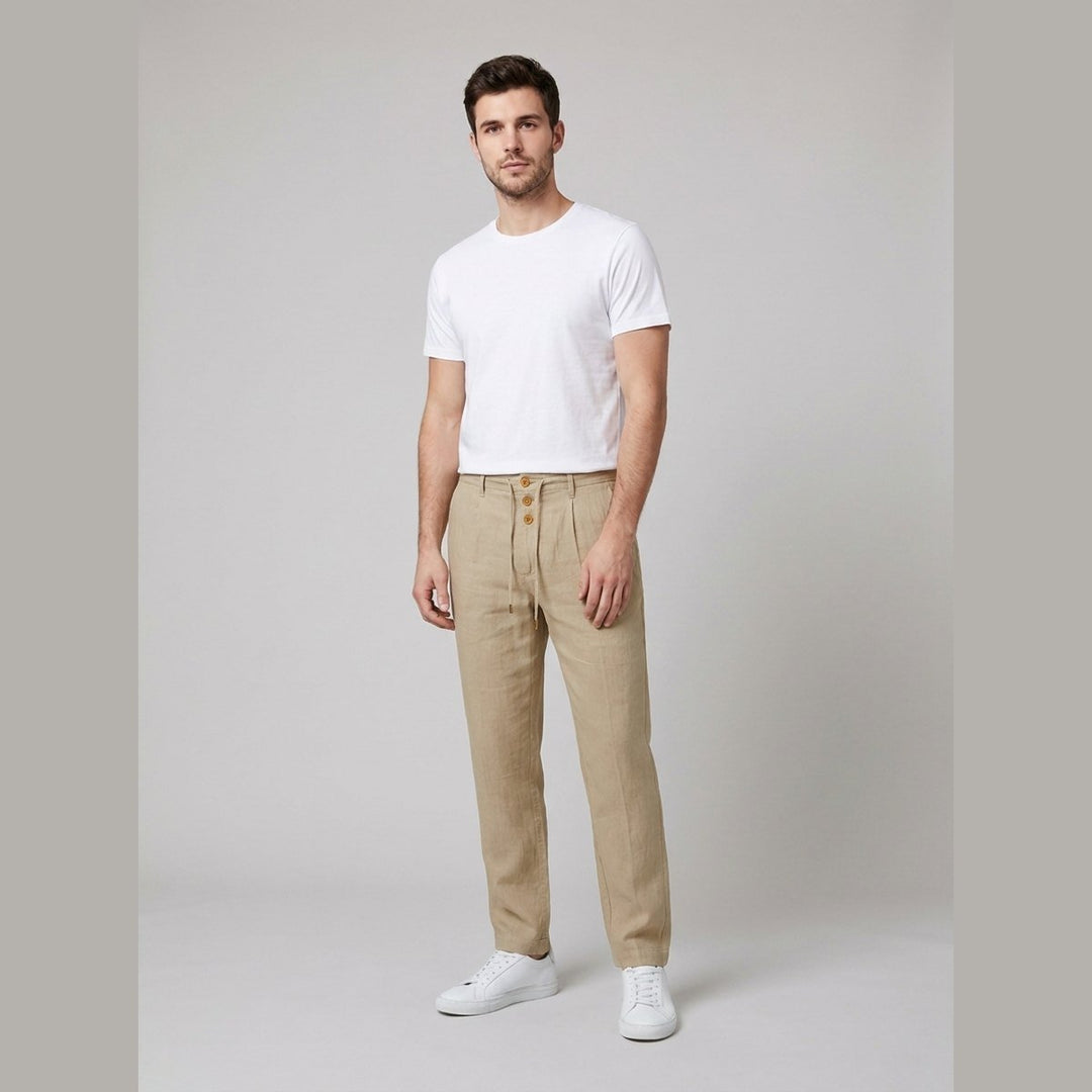 Heren Relaxed-Fit Linnen Broek met Elastische Taille en Knoopsluiting - Khaki