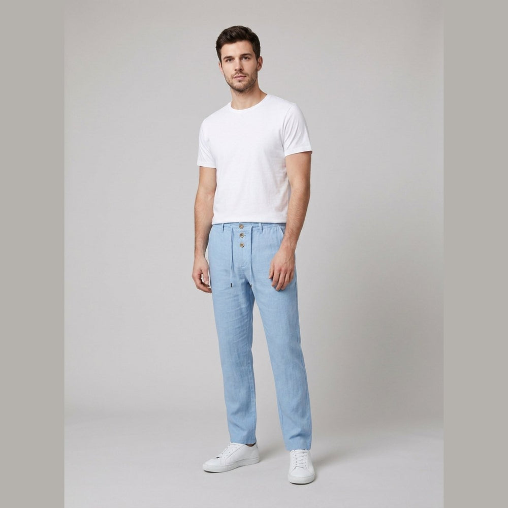 Heren Relaxed-Fit Linnen Broek met Elastische Taille en Knoopsluiting - Light Blue