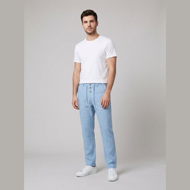 Heren Relaxed-Fit Linnen Broek met Elastische Taille en Knoopsluiting - Light Blue