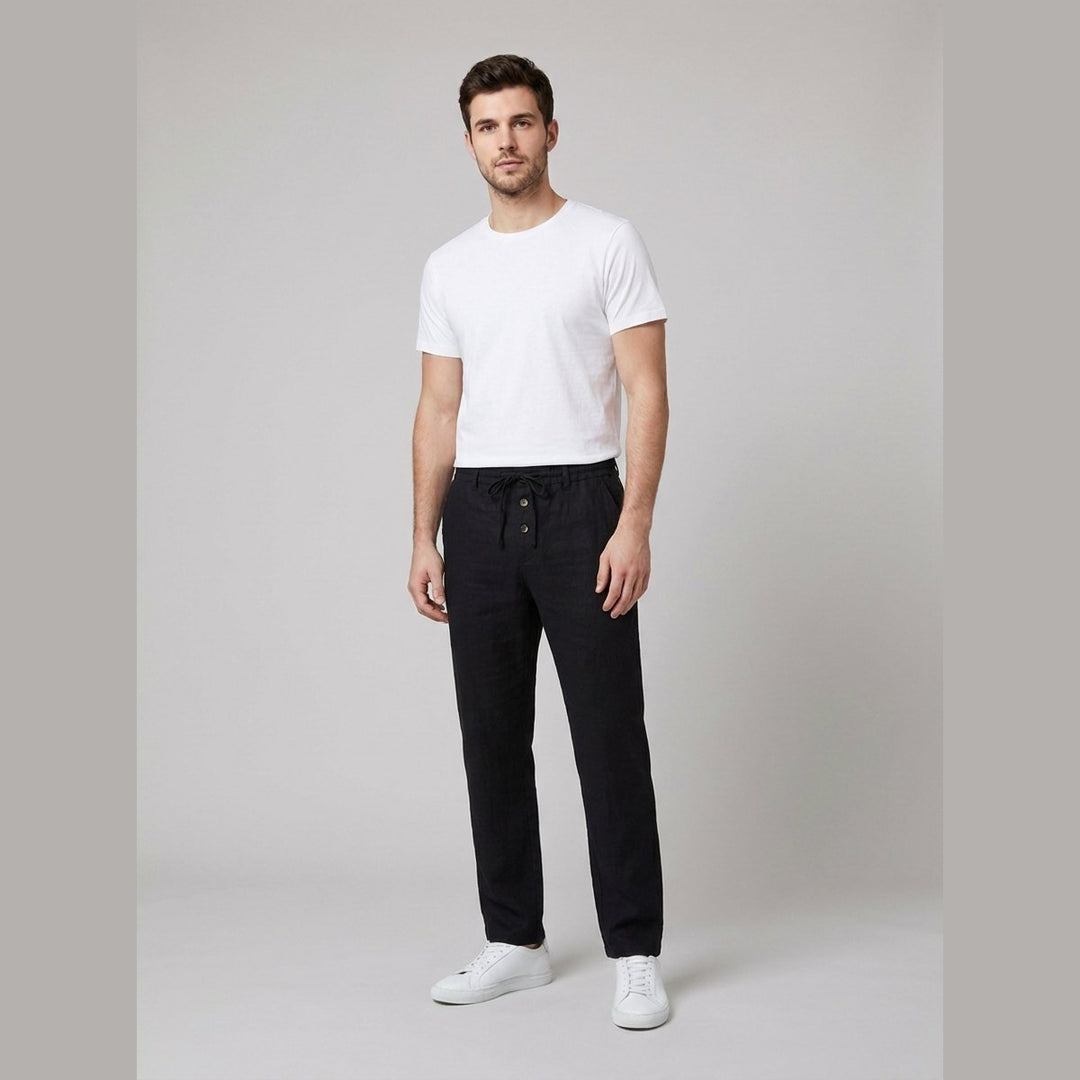 Heren Relaxed-Fit Linnen Broek met Elastische Taille en Knoopsluiting - Black