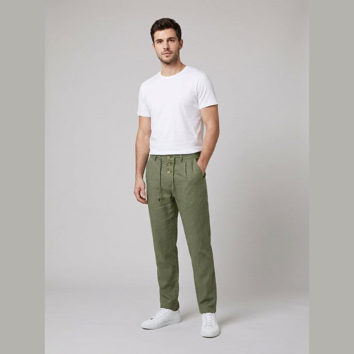 Heren Relaxed-Fit Linnen Broek met Elastische Taille en Knoopsluiting - Army Green