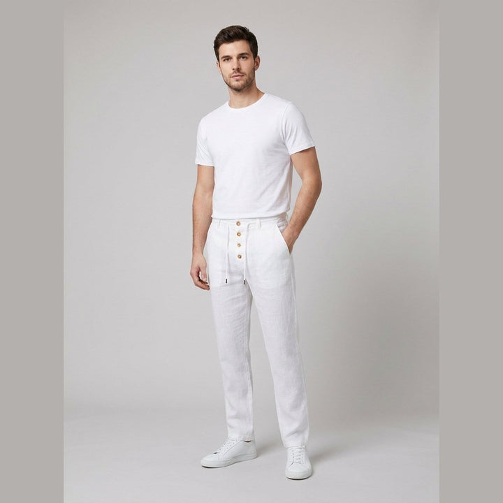 Heren Relaxed-Fit Linnen Broek met Elastische Taille en Knoopsluiting - White