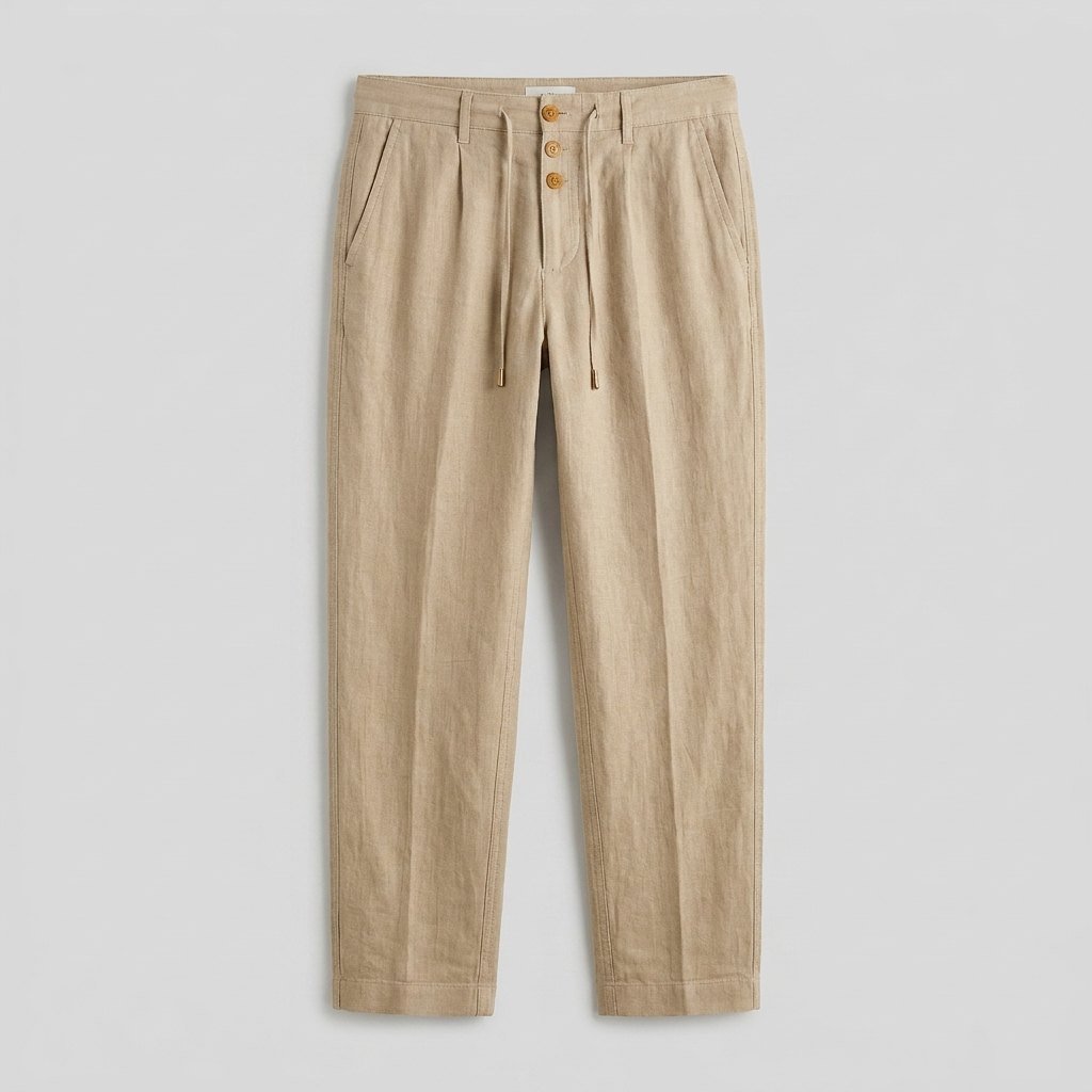 Heren Relaxed-Fit Linnen Broek met Elastische Taille en Knoopsluiting