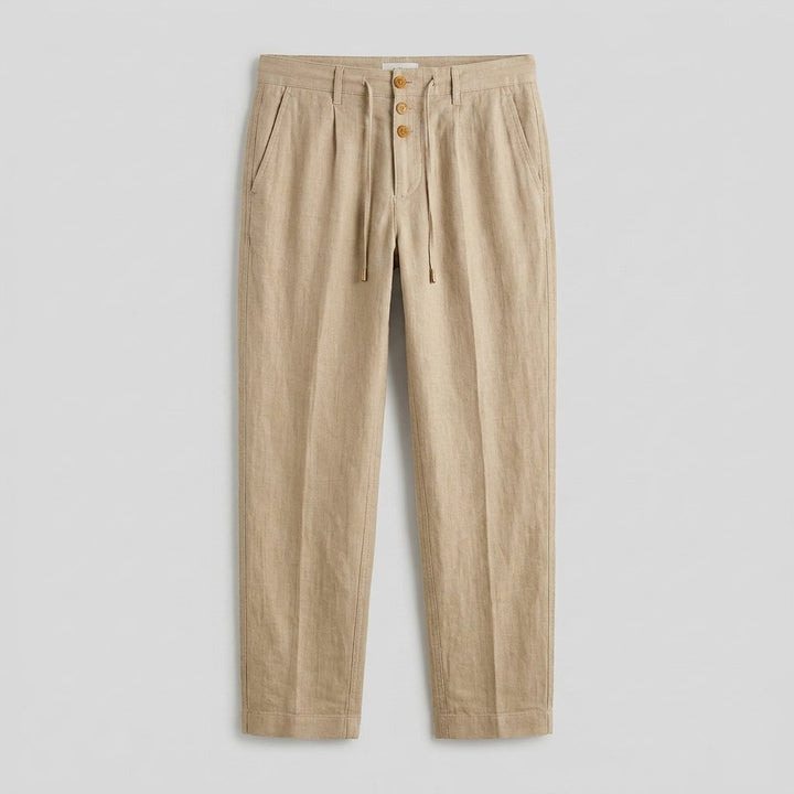 Heren Relaxed-Fit Linnen Broek met Elastische Taille en Knoopsluiting