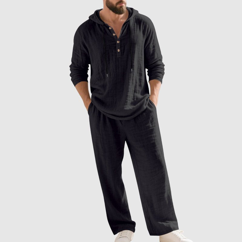 Heren Relaxed-Fit Linnen Set Met Capuchon - Black