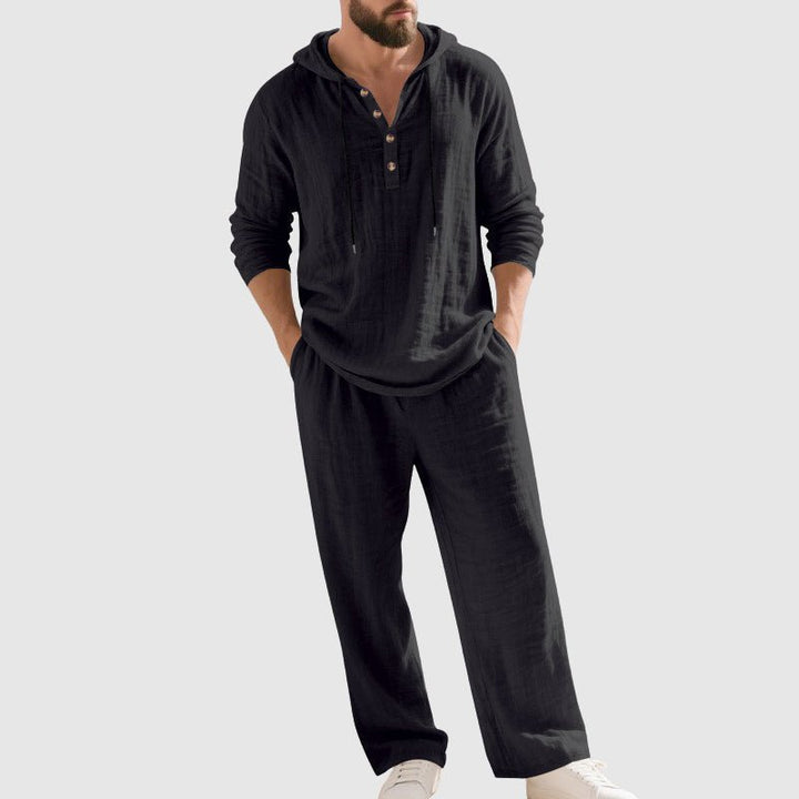 Heren Relaxed-Fit Linnen Set Met Capuchon - Black