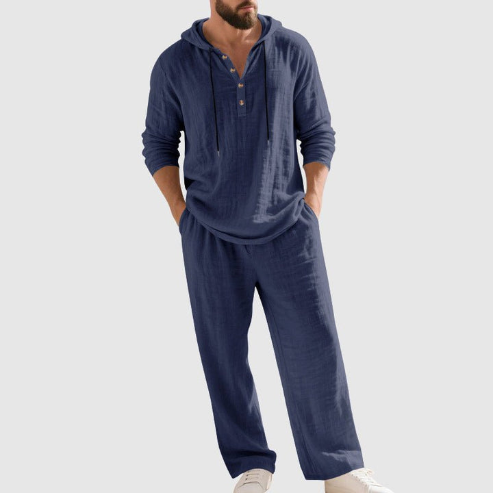 Heren Relaxed-Fit Linnen Set Met Capuchon - Blue