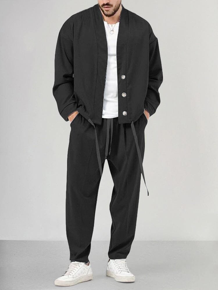 Heren Relaxed-Fit Two-piece Set Overshirt Broek - Black