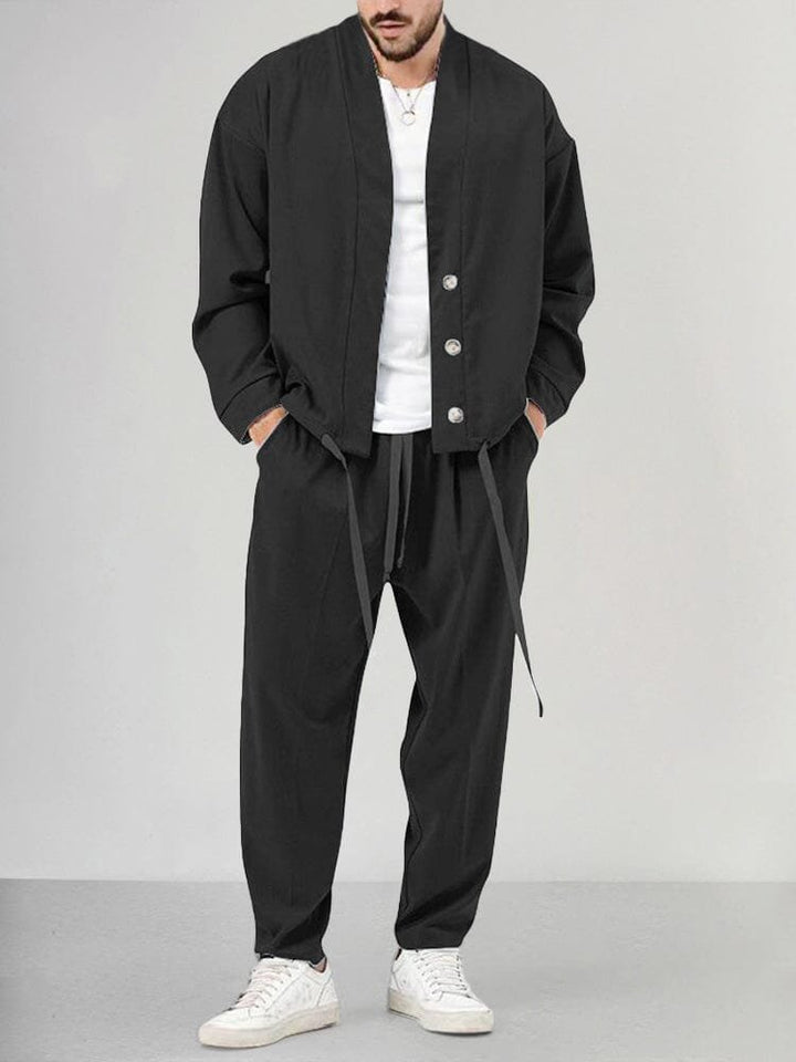 Heren Relaxed-Fit Two-piece Set Overshirt Broek - Black