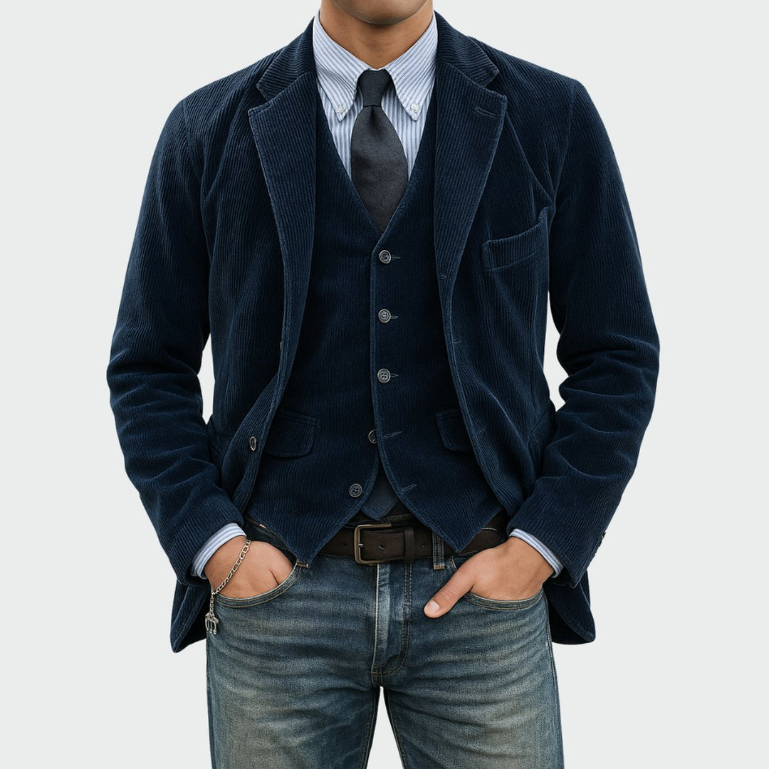 Heren Ribfluwelen Blazer Vestset Slim-Fit Tweedelig - Blauw