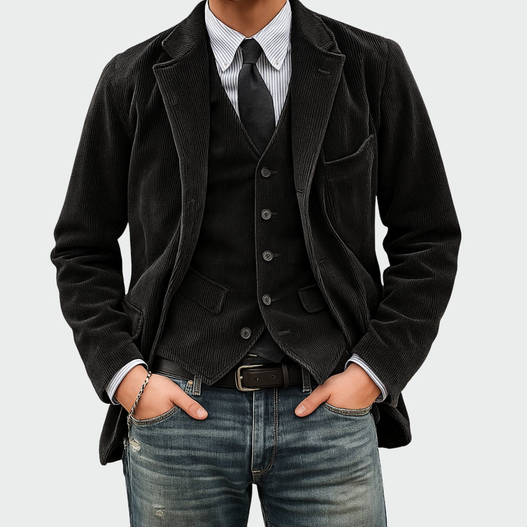 Heren Ribfluwelen Blazer Vestset Slim-Fit Tweedelig - Zwart