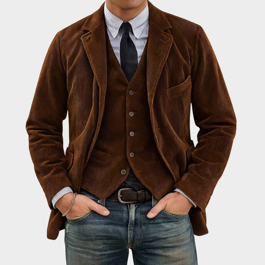 Heren Ribfluwelen Blazer Vestset Slim-Fit Tweedelig - Bruin