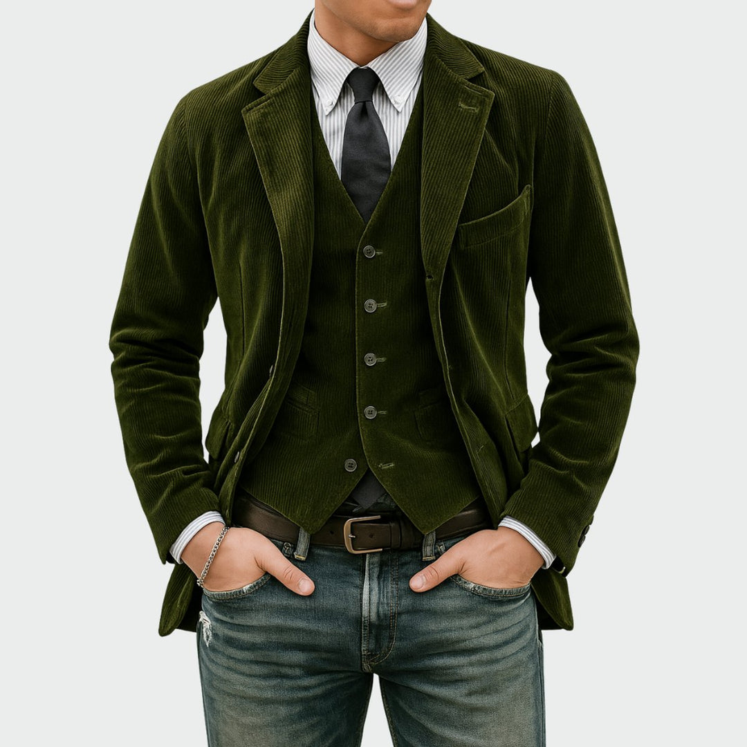 Heren Ribfluwelen Blazer Vestset Slim-Fit Tweedelig - Groen