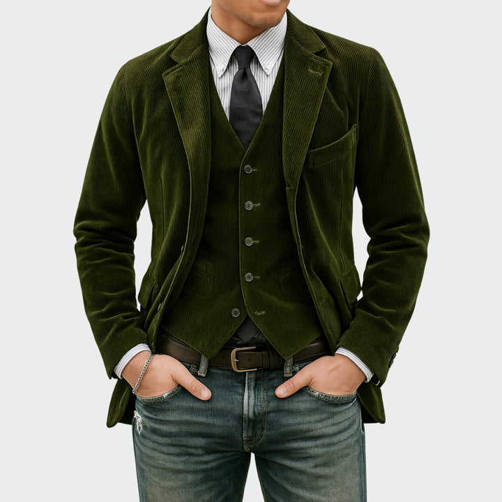 Heren Ribfluwelen Blazer Vestset Slim-Fit Tweedelig - Groen
