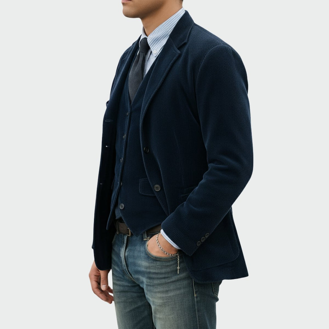 Heren Ribfluwelen Blazer Vestset Slim-Fit Tweedelig