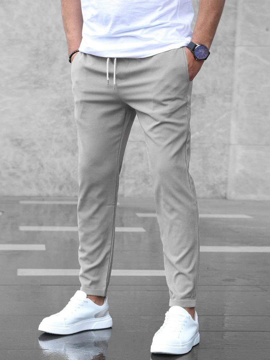 Heren Slim-Fit Chino Broek Elastische Taille Trekkoord - Grijs