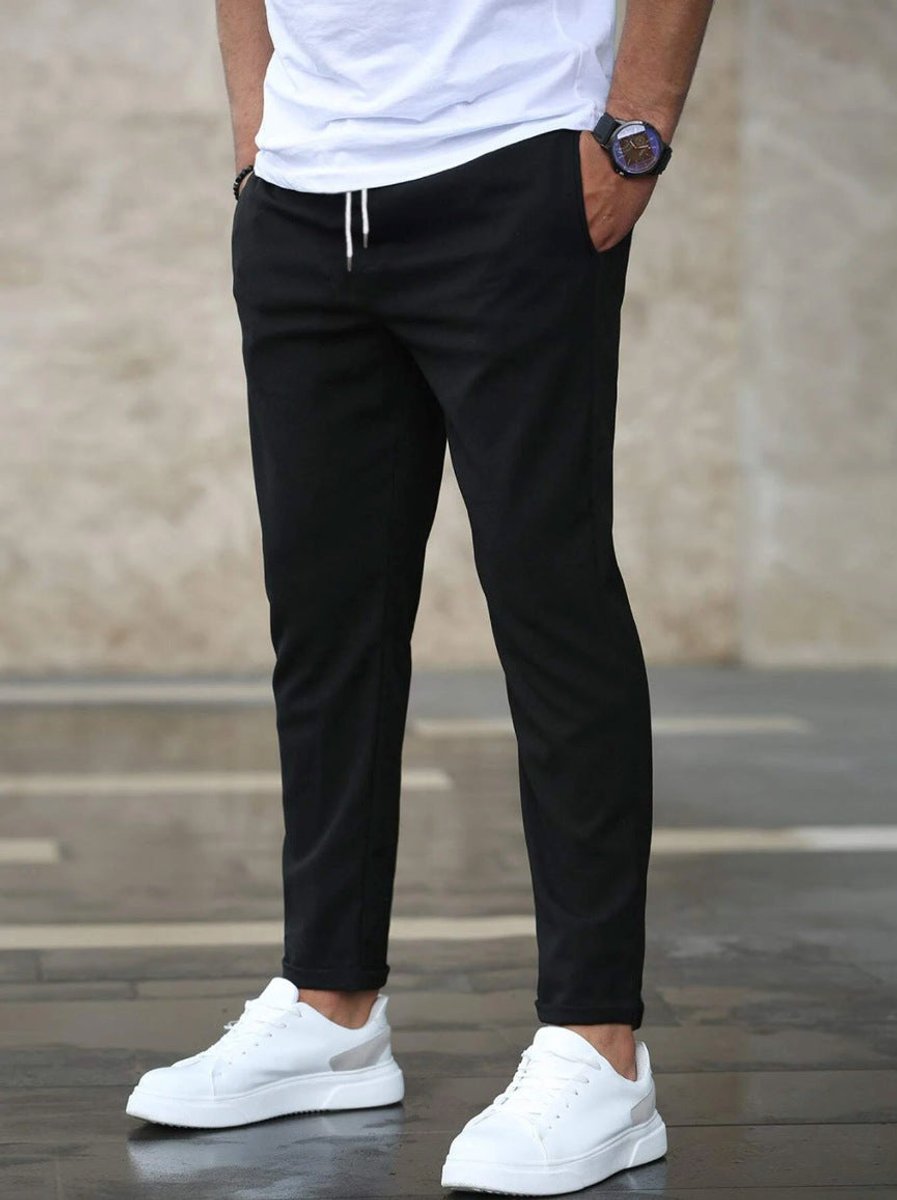 Heren Slim-Fit Chino Broek Elastische Taille Trekkoord - Zwart