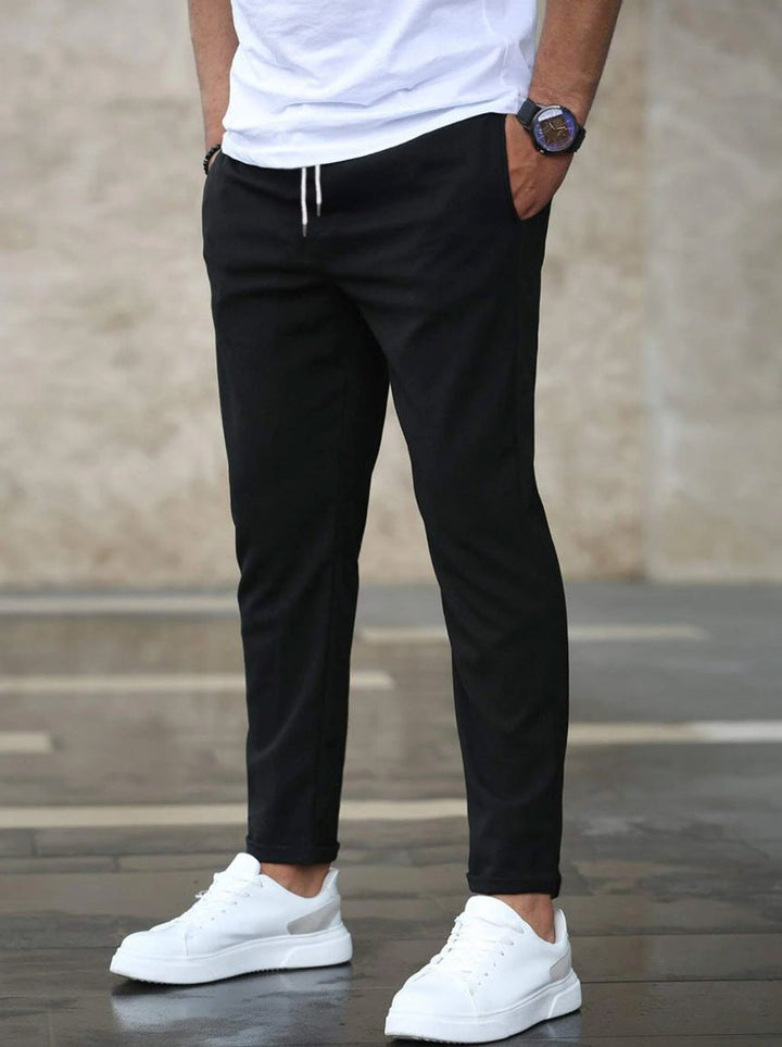 Heren Slim-Fit Chino Broek Elastische Taille Trekkoord - Zwart