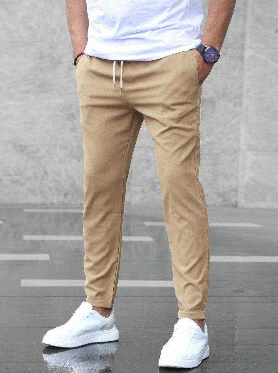 Heren Slim-Fit Chino Broek Elastische Taille Trekkoord - Khaki