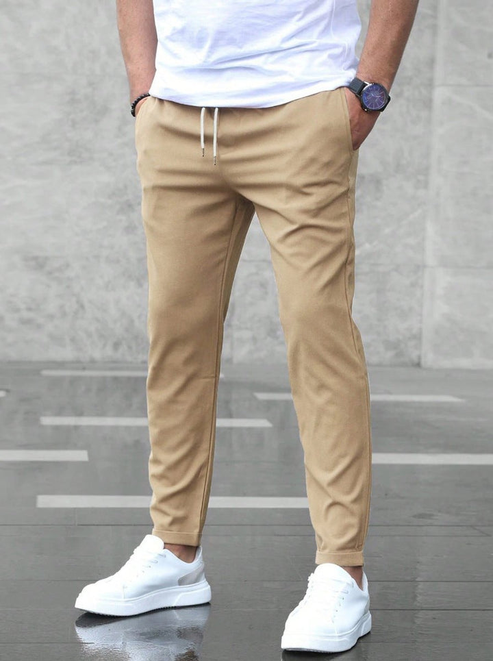 Heren Slim-Fit Chino Broek Elastische Taille Trekkoord - Khaki