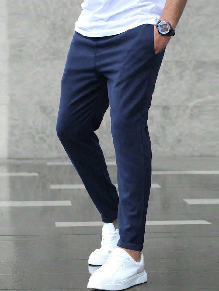 Heren Slim-Fit Chino Broek Elastische Taille Trekkoord - Marineblauw