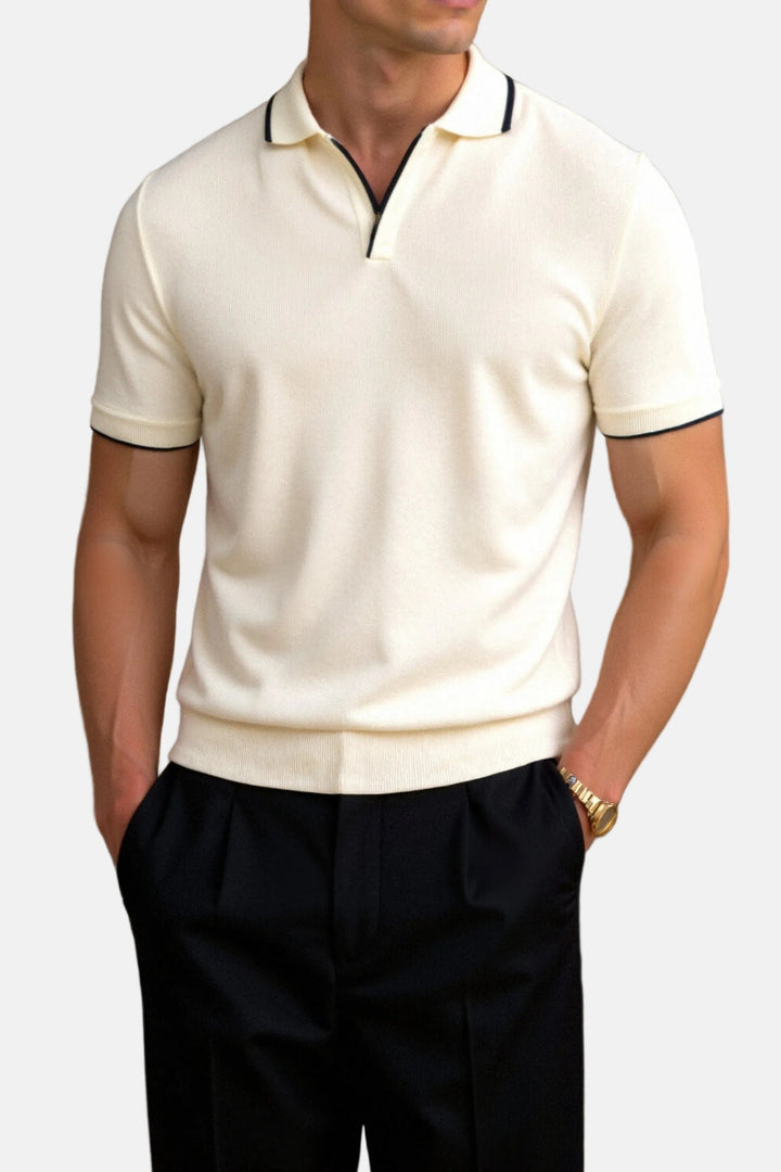 Heren Slim-Fit Gebreide Open-Kraag Poloshirt met Contrastbies - Beige
