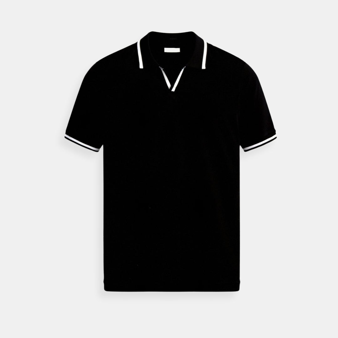 Heren Slim-Fit Gebreide Open-Kraag Poloshirt met Contrastbies - Black