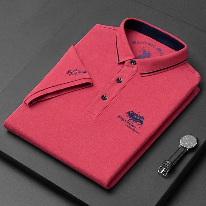 Heren Slim-Fit Korte Mouw Poloshirt met Geborduurd Logo - Czerwony