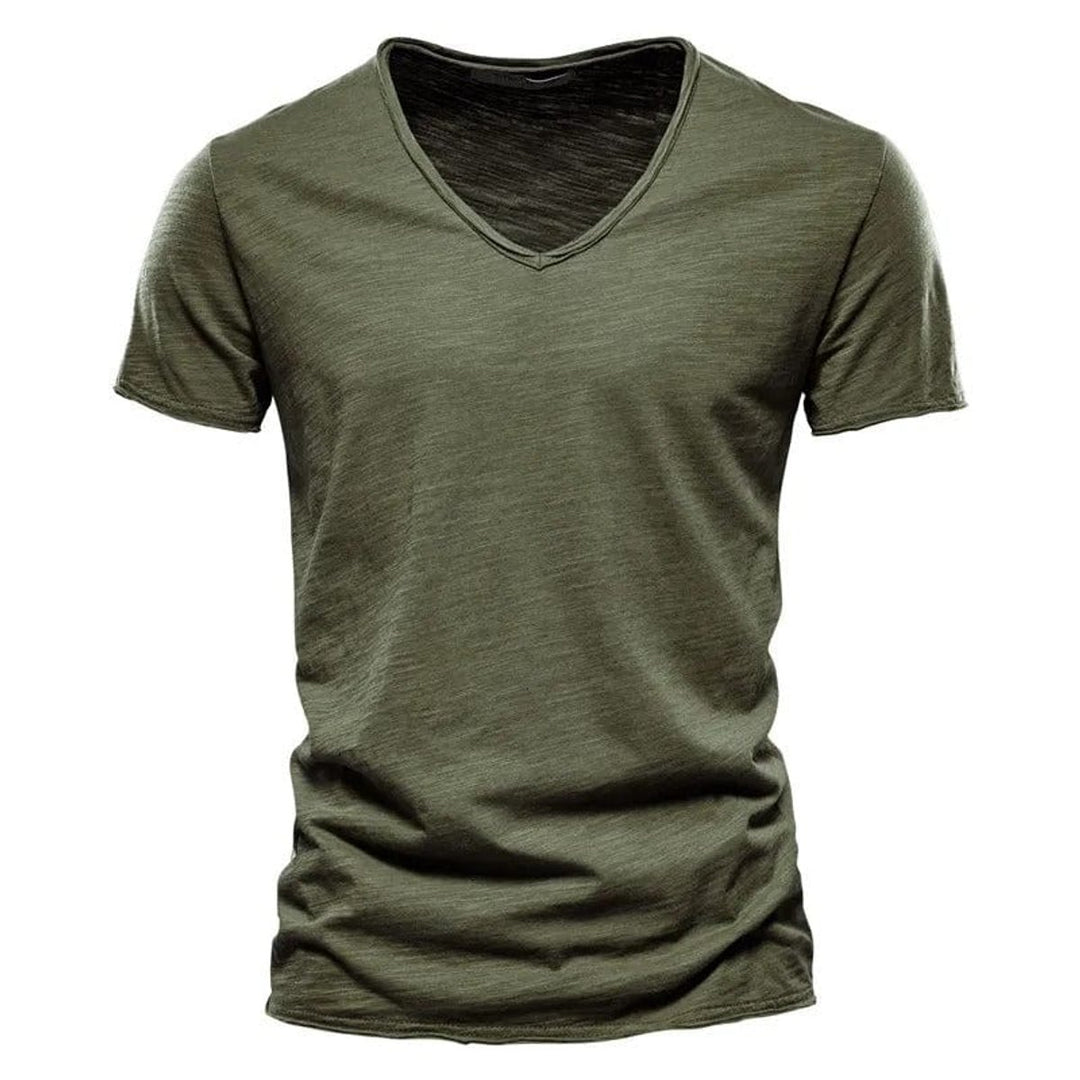 Heren Slim-Fit Kreukvrij V-hals T-shirt - Legergroen