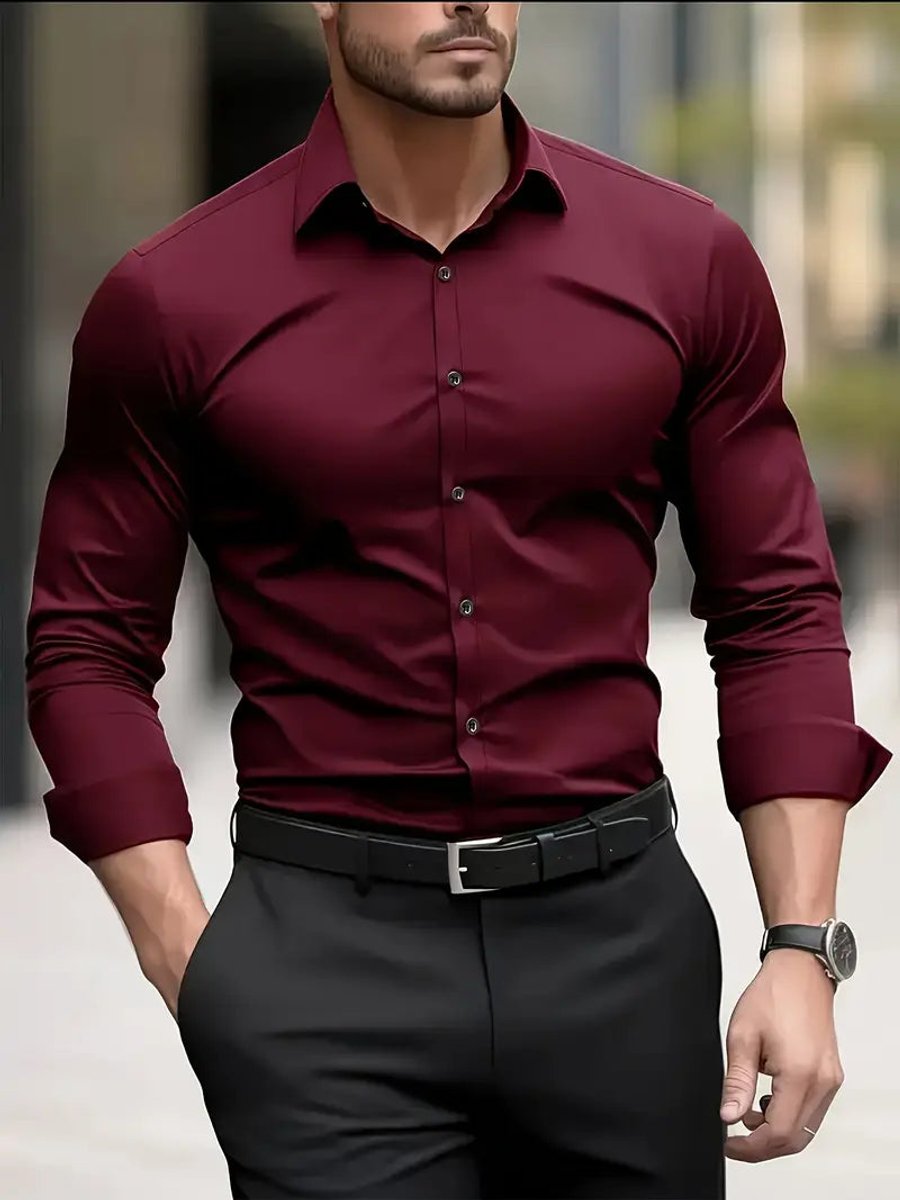 Heren Slim-Fit Kreukvrij Zakelijk Overhemd Lange Mouw - Bordeauxrood