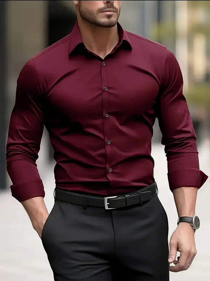 Heren Slim-Fit Kreukvrij Zakelijk Overhemd Lange Mouw - Bordeauxrood