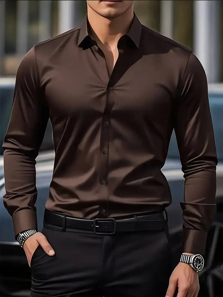 Heren Slim-Fit Kreukvrij Zakelijk Overhemd Lange Mouw - Koffie