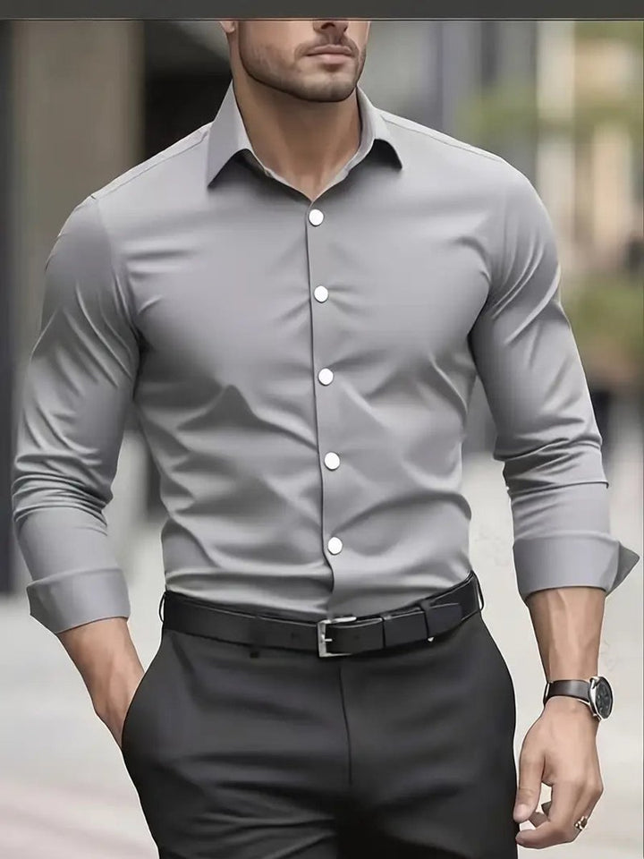 Heren Slim-Fit Kreukvrij Zakelijk Overhemd Lange Mouw - Grijs