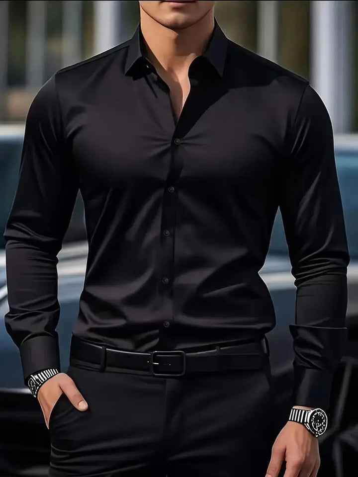 Heren Slim-Fit Kreukvrij Zakelijk Overhemd Lange Mouw - Zwart
