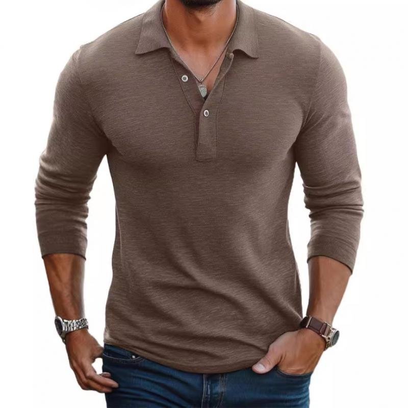 Heren Slim-Fit Lange Mouw Satin-Touch Poloshirt Knoopsluiting - Camel