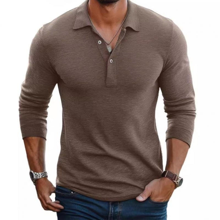 Heren Slim-Fit Lange Mouw Satin-Touch Poloshirt Knoopsluiting - Camel