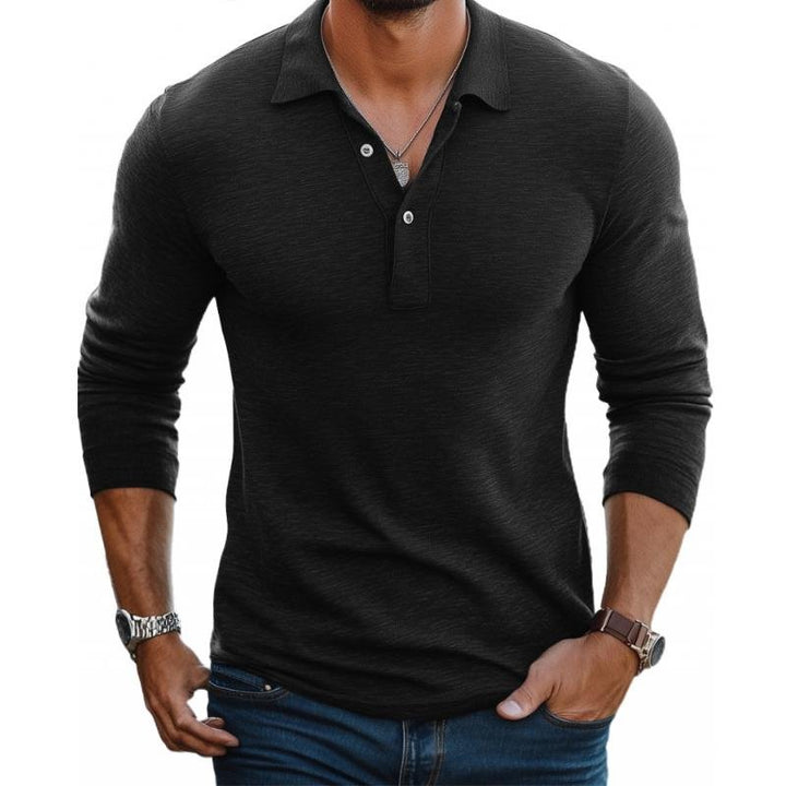 Heren Slim-Fit Lange Mouw Satin-Touch Poloshirt Knoopsluiting - Black