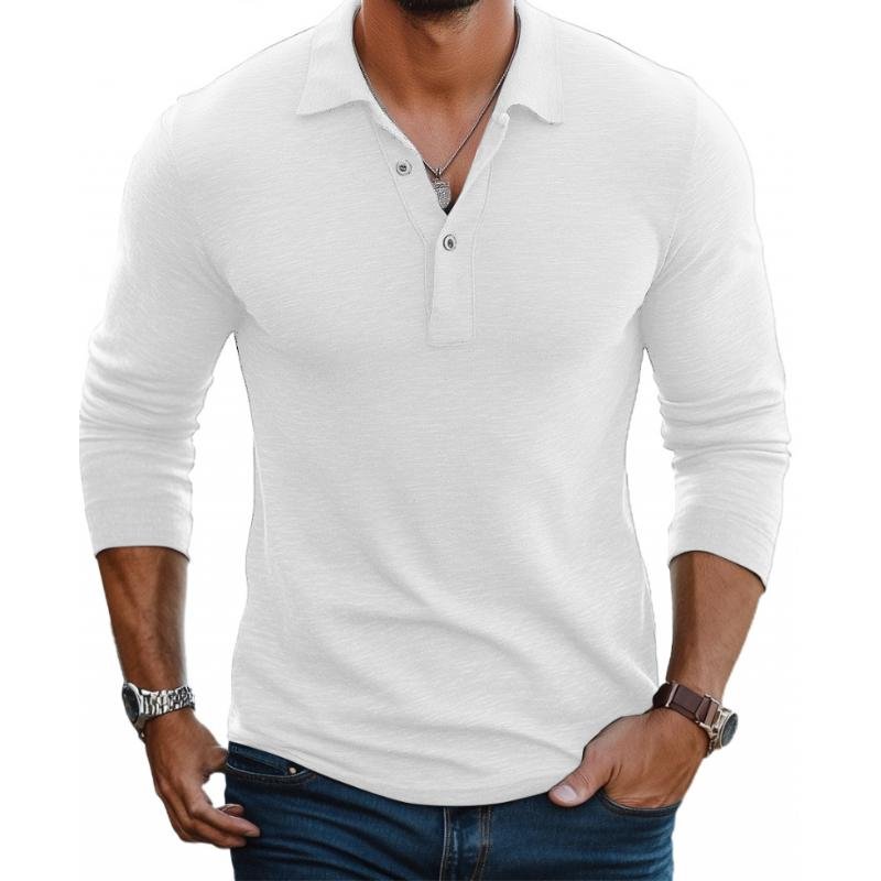 Heren Slim-Fit Lange Mouw Satin-Touch Poloshirt Knoopsluiting - White
