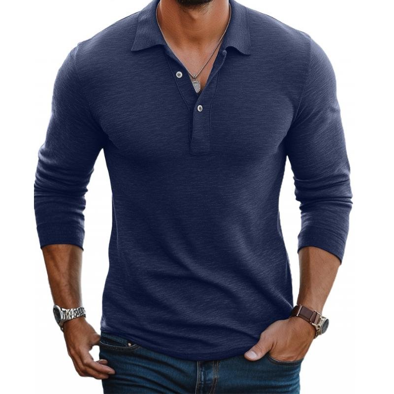 Heren Slim-Fit Lange Mouw Satin-Touch Poloshirt Knoopsluiting - Navy Blue